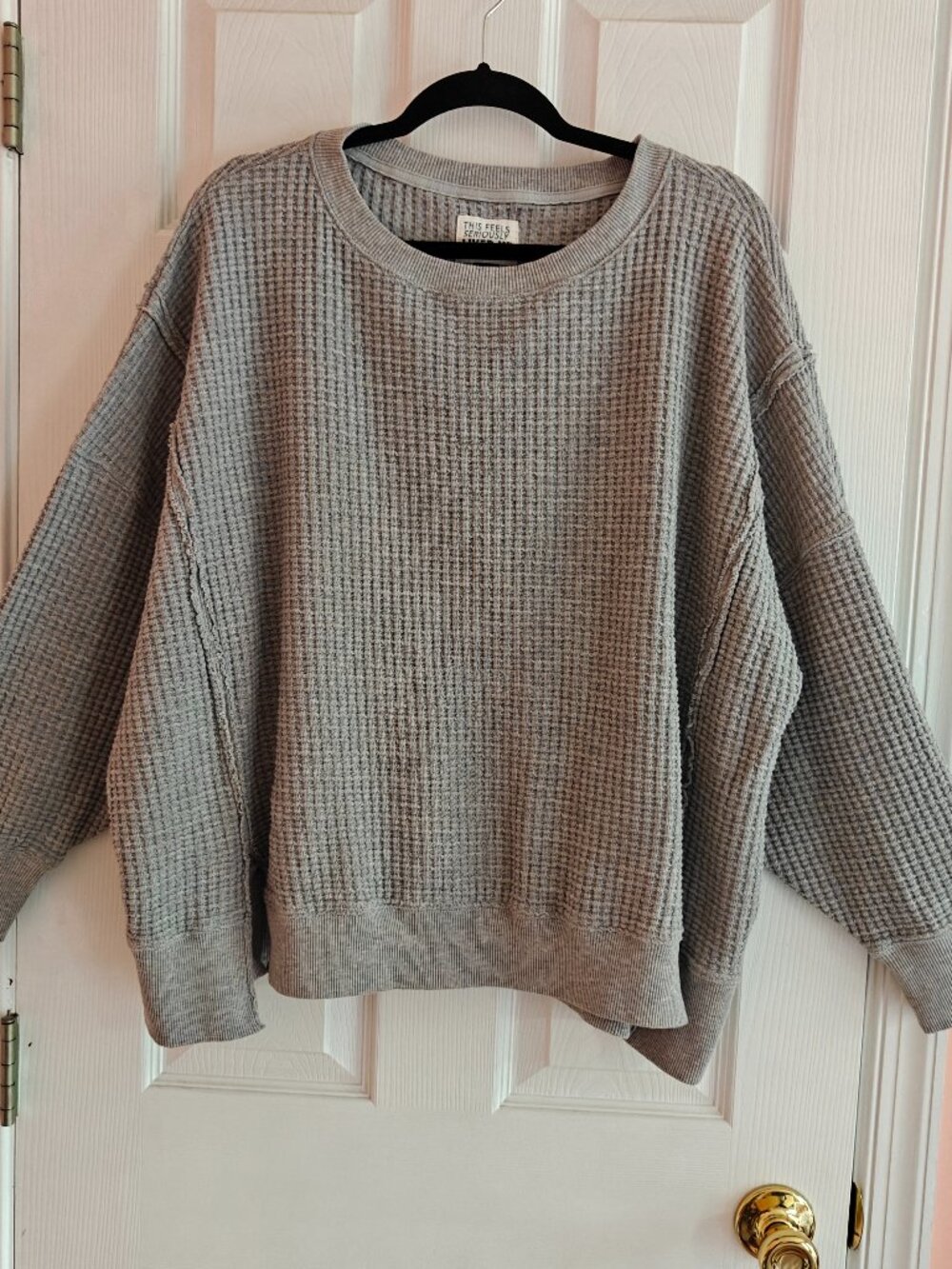 AMERICAN EAGLE Waffle Knit Oversized Lived-In Thermal Sweatshirt Large Gray
